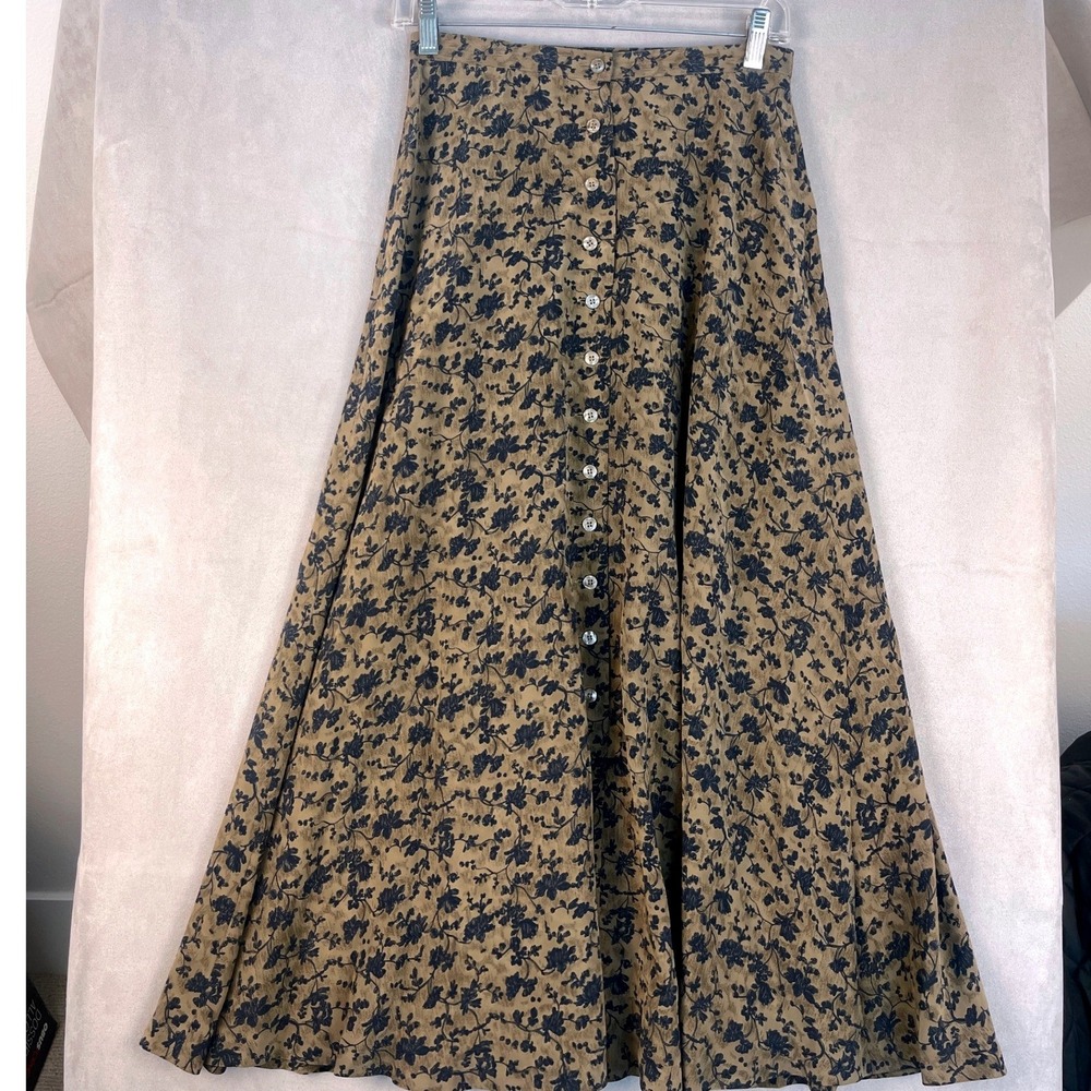 Jones New York Silk Maxi Skirt Womens 4 Brown Navy Floral Button Front A-Line